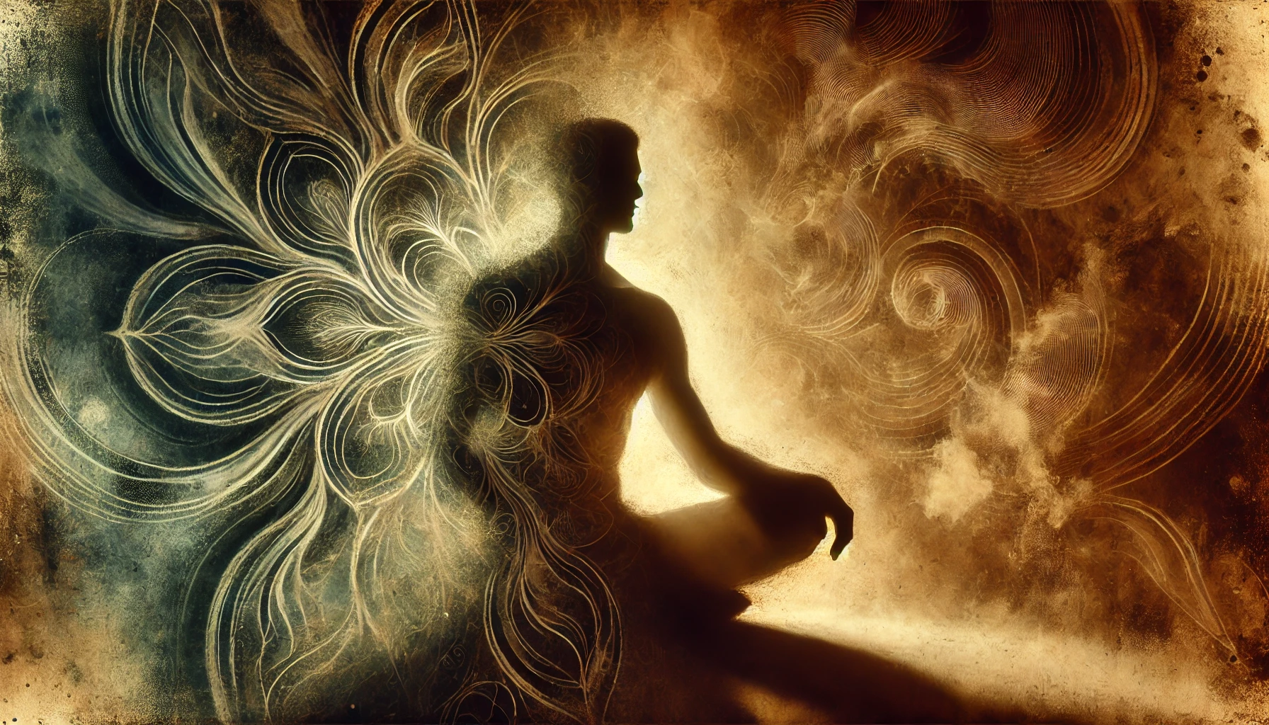 A person sits cross-legged in meditation, partially illuminated by warm light, casting deep shadows behind them. The background features abstract patterns symbolizing the unconscious mind, with flowing organic shapes that evoke transformation. The scene is calm and introspective, symbolizing self-discovery and inner healing in the practice of shadow work in Tantra.