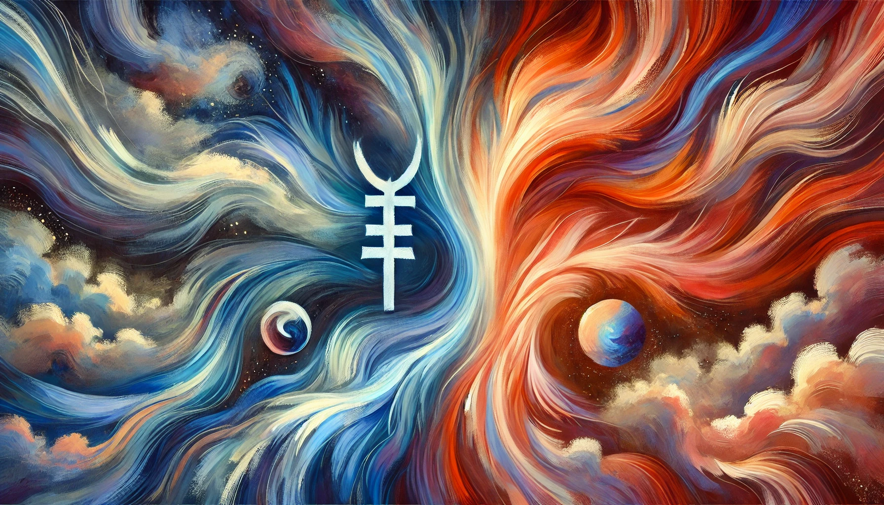 "Abstract painting of intertwining masculine and feminine energies with flowing brushstrokes in blue, orange, and red tones, symbolizing balance, harmony, and cosmic "Abstract painting of intertwining masculine and feminine energies with flowing brushstrokes in blue, orange, and red tones, symbolizing balance, harmony, and cosmic connection." connection."