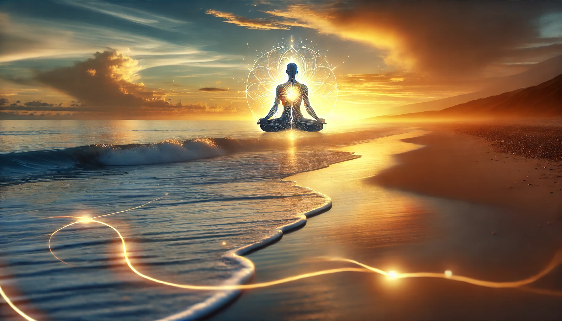 A serene beach at sunset symbolizing the interconnectedness of oneness in Tantra, with calm ocean waves reflecting inner peace.