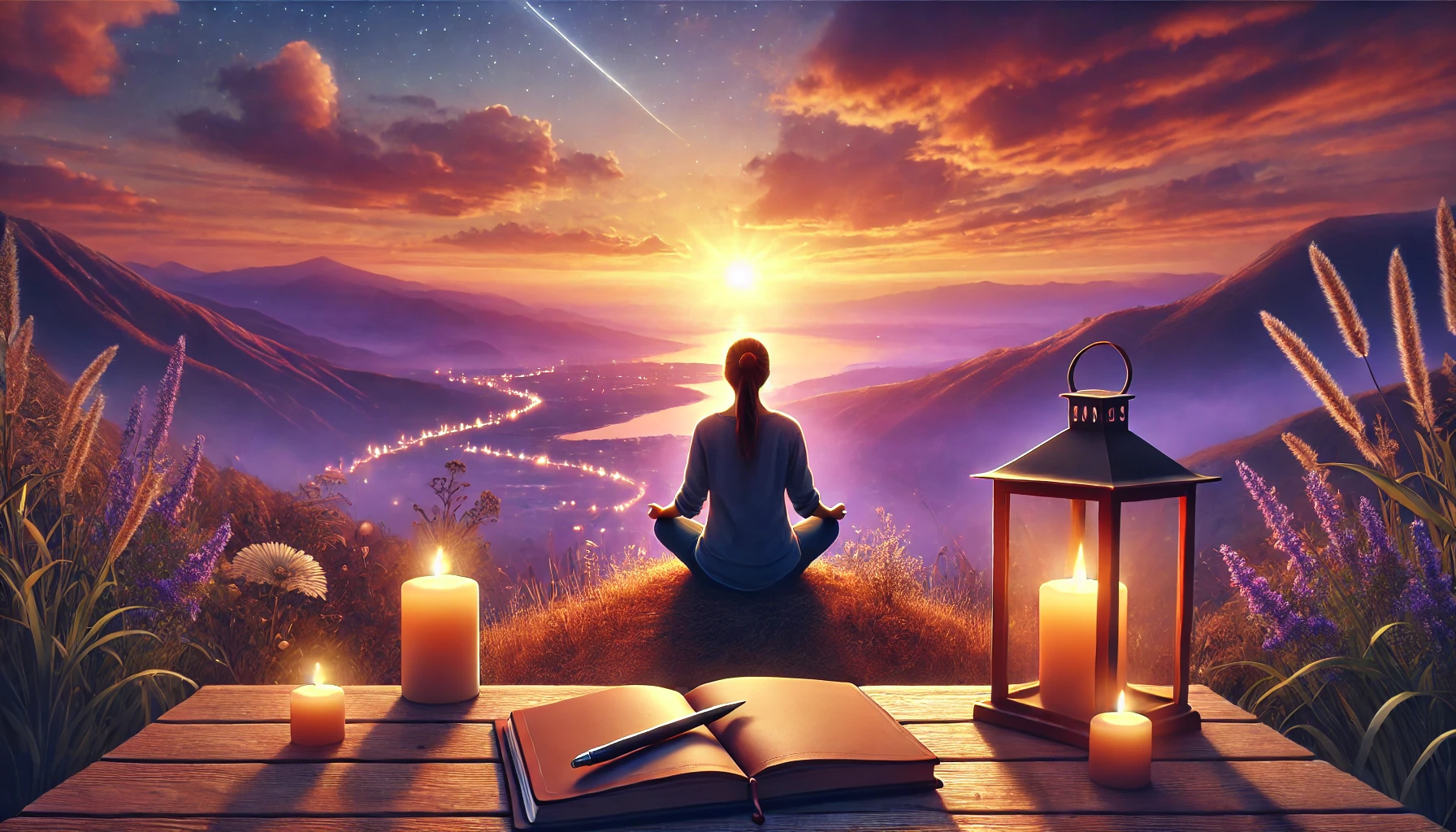A person sitting cross-legged on a hill at sunset, surrounded by candlelight with a journal and pen, overlooking a vast landscape of mountains and a calm river, symbolizing reflection and transformation.