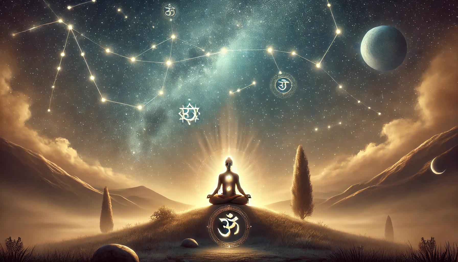 A meditative figure illuminated by golden light sits under a starry night sky with constellations and glowing chakra symbols, symbolizing the connection between Tantra and Vedic Astrology.