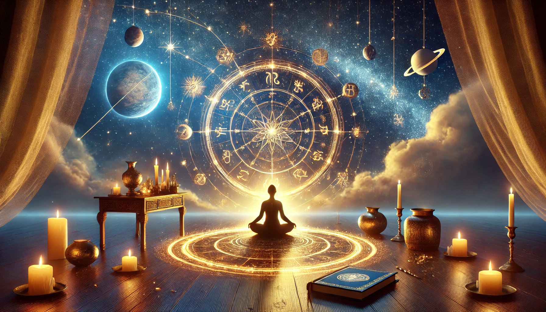 A meditative figure surrounded by celestial symbols sits beneath a golden thread of light connecting them to the cosmos, symbolizing alignment with universal energies for the new year.