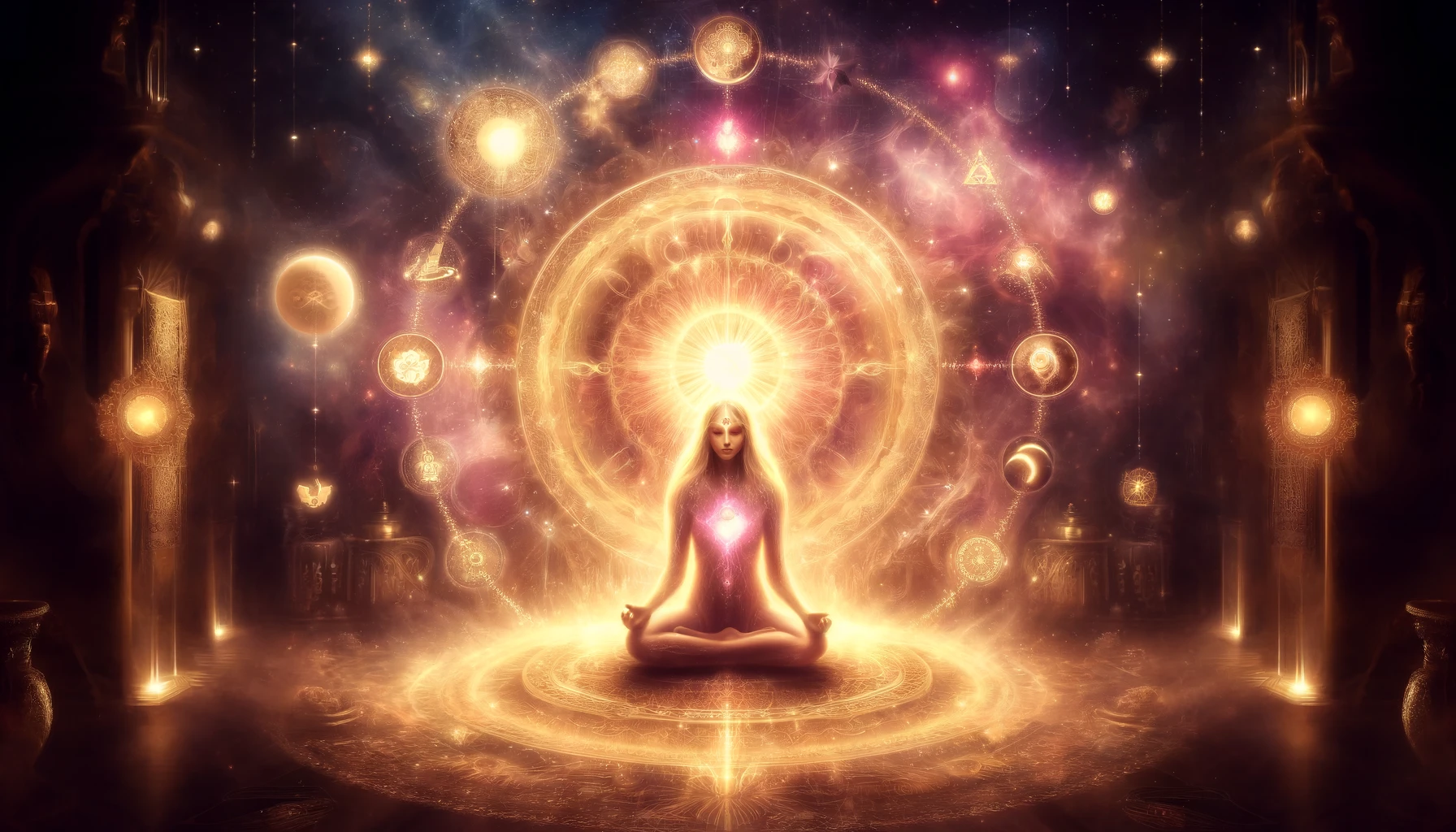 A mystical image of Venus as a celestial teacher, radiating soft golden light, symbolizing love, pleasure, and devotion. A meditative figure is bathed in luminous energy, representing the Tantric connection to Venus.