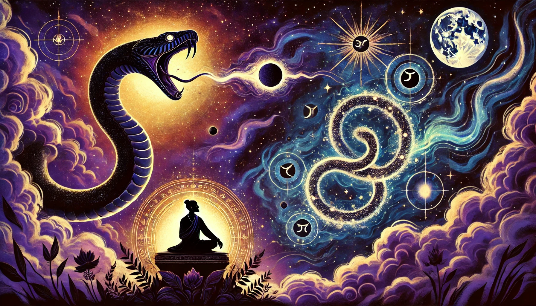 A cosmic serpent symbolizing Rahu and Ketu stretches across a starry sky, with a meditative figure below, contemplating their karmic path amid swirling energies of desire and detachment.