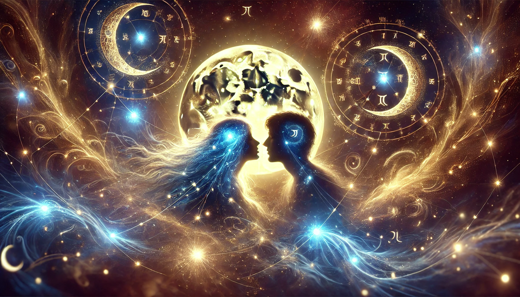 A celestial couple gazes into each other’s eyes under a luminous full moon, surrounded by constellations representing Nakshatras, symbolizing cosmic love and connection.