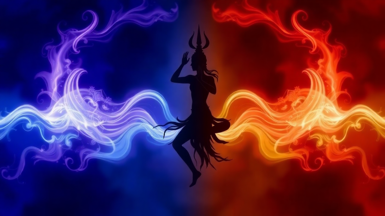 A meditative figure sits in balance between cosmic energies of Shiva (stillness) and Shakti (flow), surrounded by glowing celestial light symbolizing divine harmony.