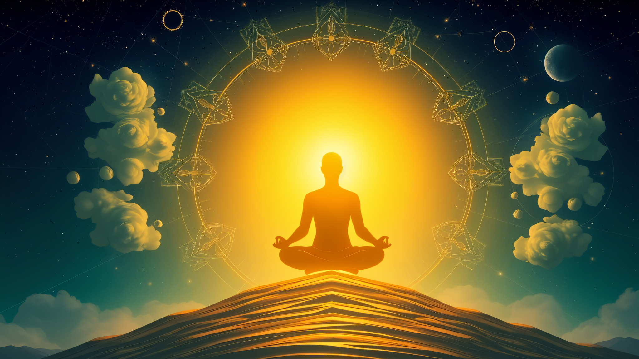 A meditative figure bathed in golden sunlight, symbolizing the Spring Equinox, with a cosmic sky of planetary alignments representing renewal and balance.
