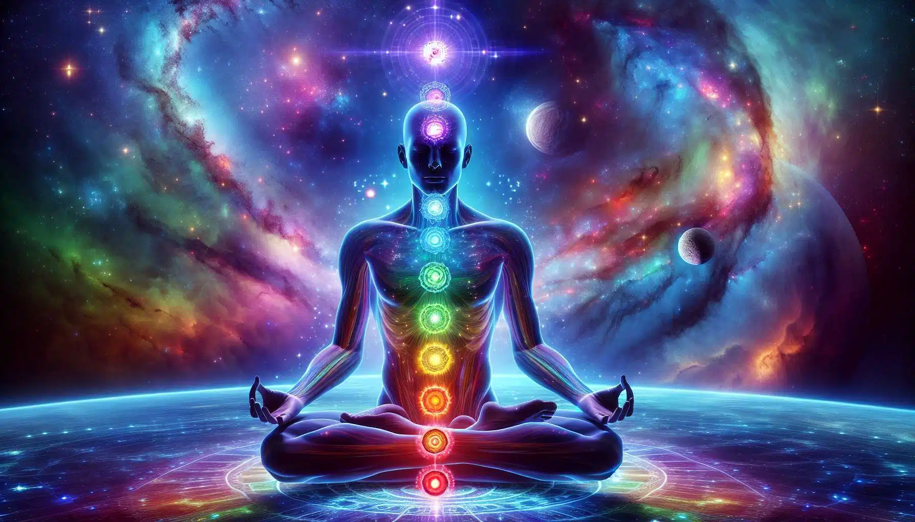 Meditative figure with aligned chakras and planetary symbols, representing chakra healing through Vedic Astrology and Tantra.