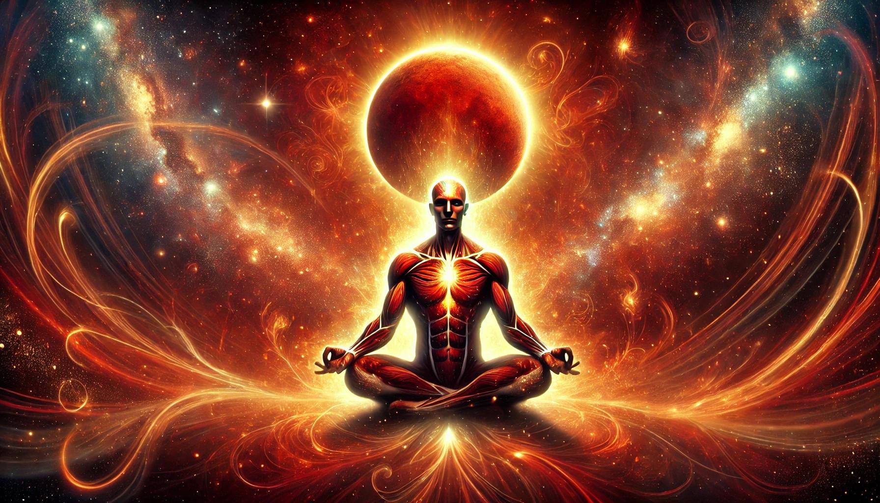 A meditative figure surrounded by fiery energy, symbolizing the power of Mars, strength, and action in Vedic Astrology and Tantra.