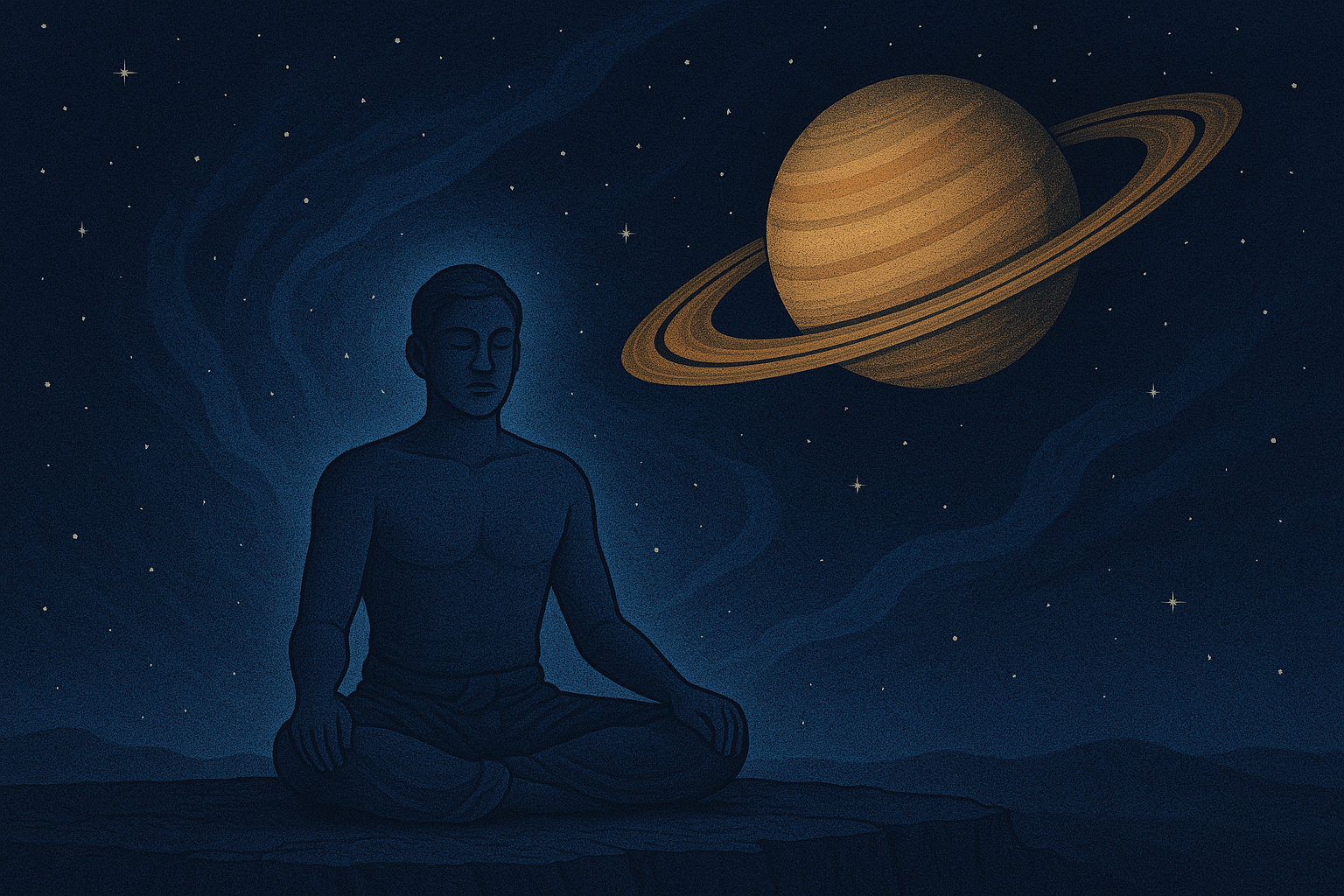 A grounded figure sits in stillness on stone, surrounded by dark blue celestial energy and Saturn’s planetary rings, symbolizing discipline, karma, and presence.