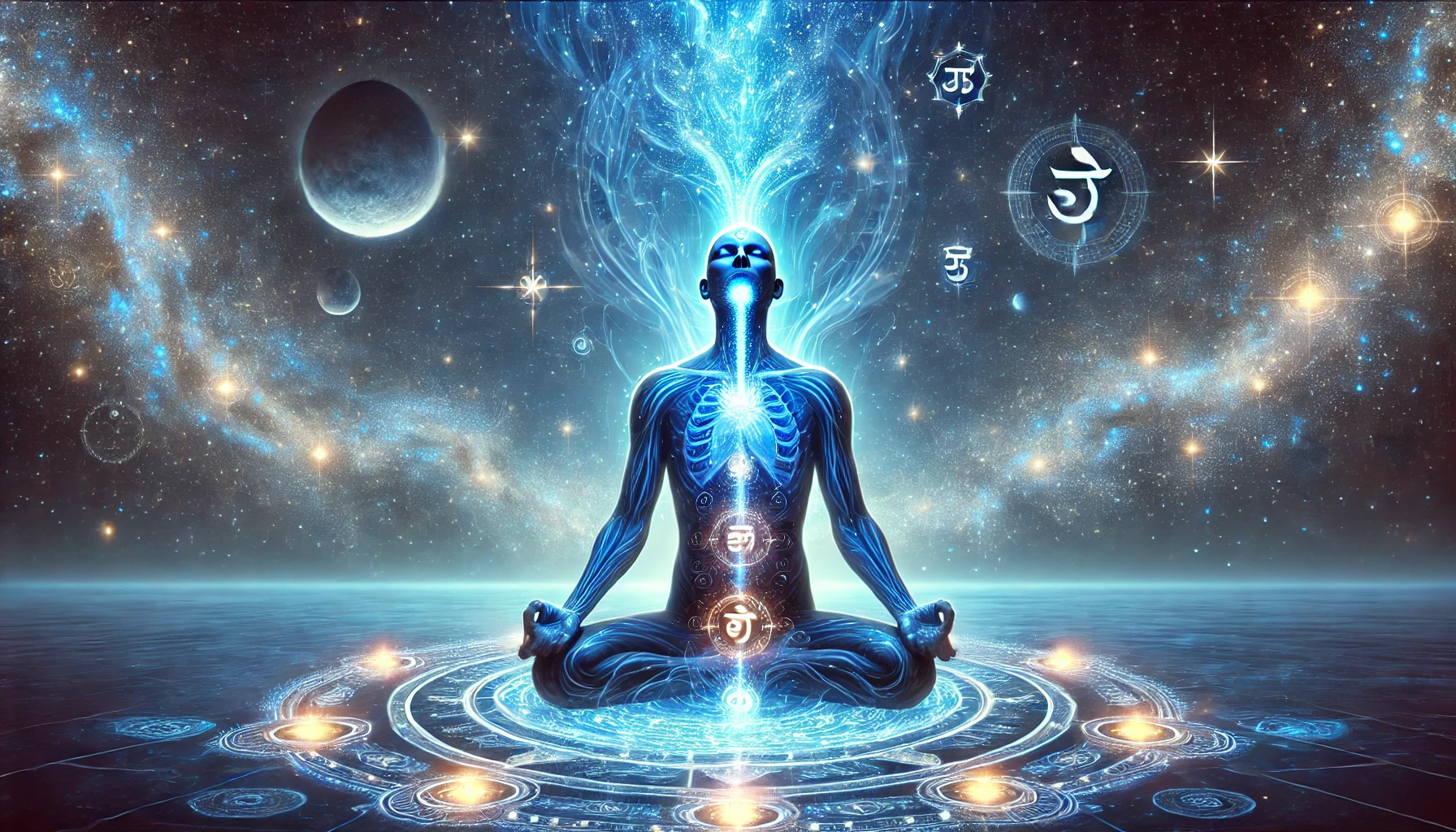 A glowing blue aura surrounds a meditative figure as light flows from their throat, symbolizing Mercury, communication, and chakra healing.