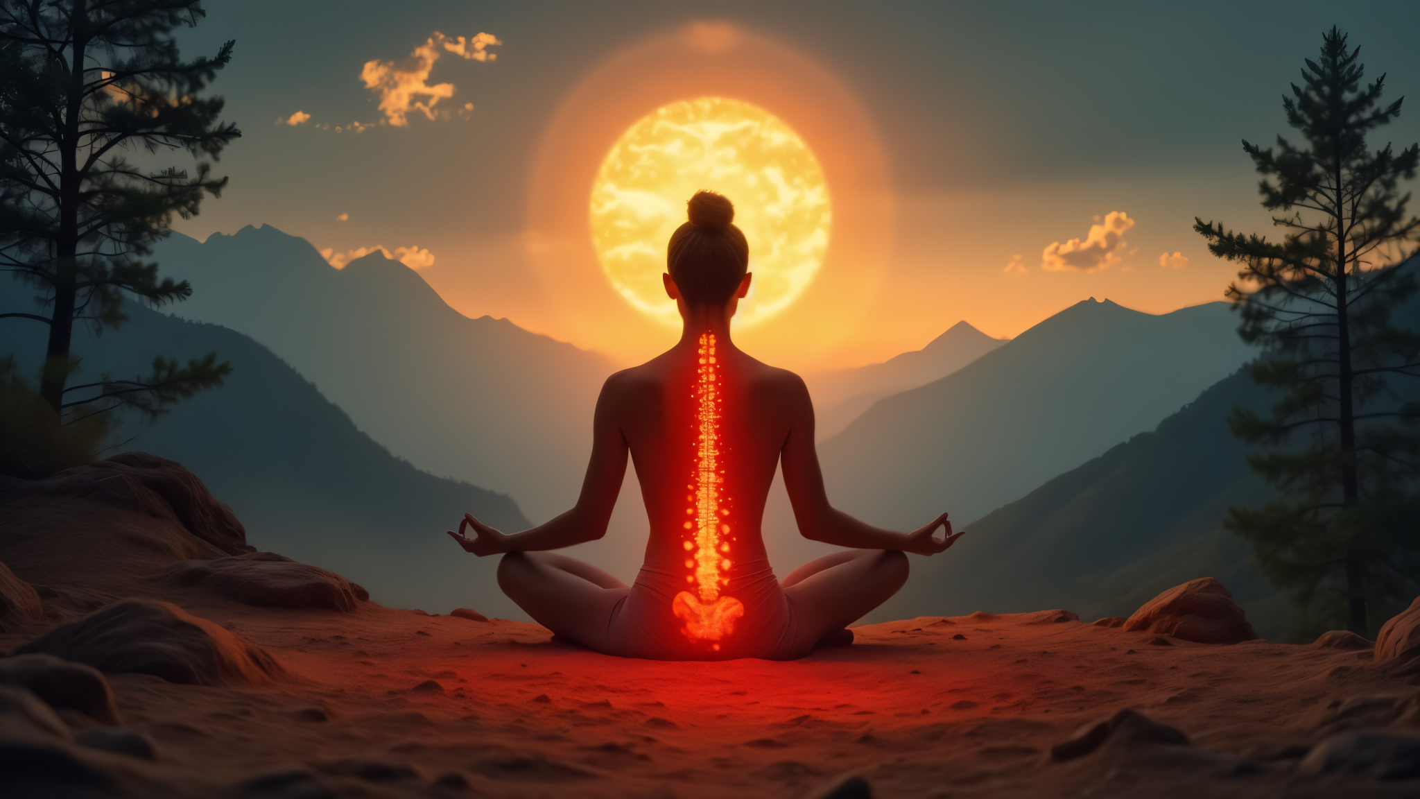 A grounded meditative figure sits on the earth with red energy glowing from the base of the spine, surrounded by symbols of the Earth and stability.