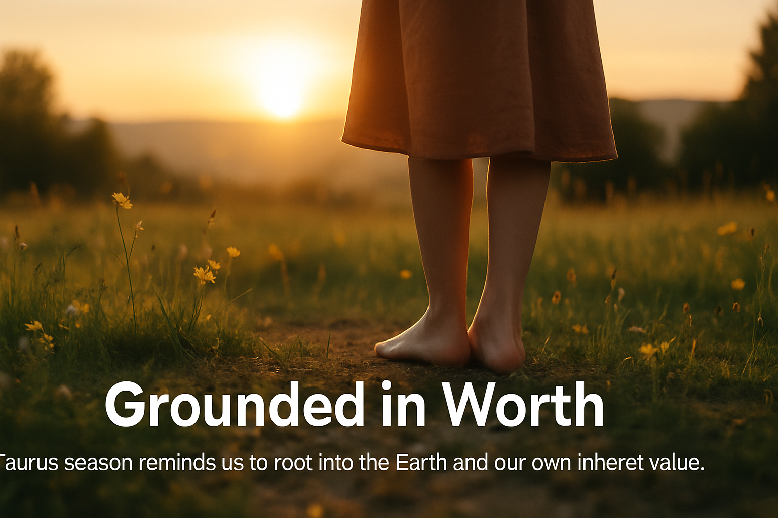 A peaceful, earthy landscape featuring a barefoot person standing in a grassy field at sunrise. Their feet are grounded on the earth, surrounded by wildflowers, with gentle golden light illuminating the scene—symbolizing connection, worthiness, and presence.