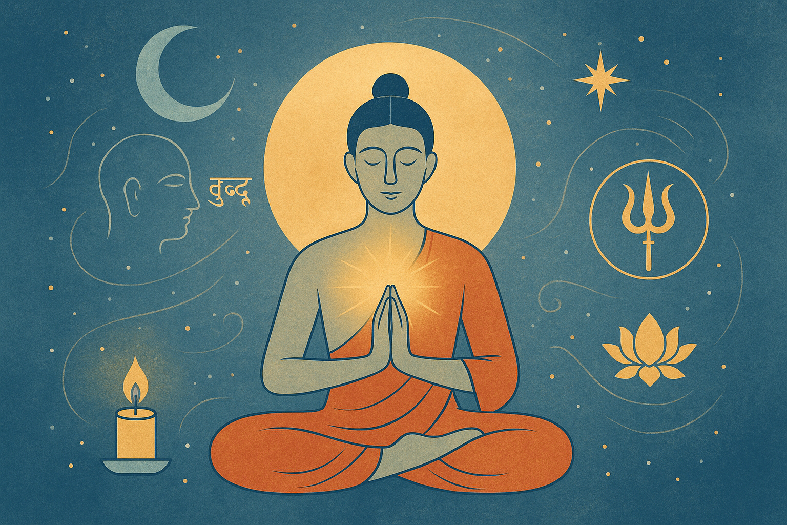 A digital illustration of a serene figure meditating beneath the moon, symbolizing inner clarity and spiritual discernment in Vedic Tantra.
