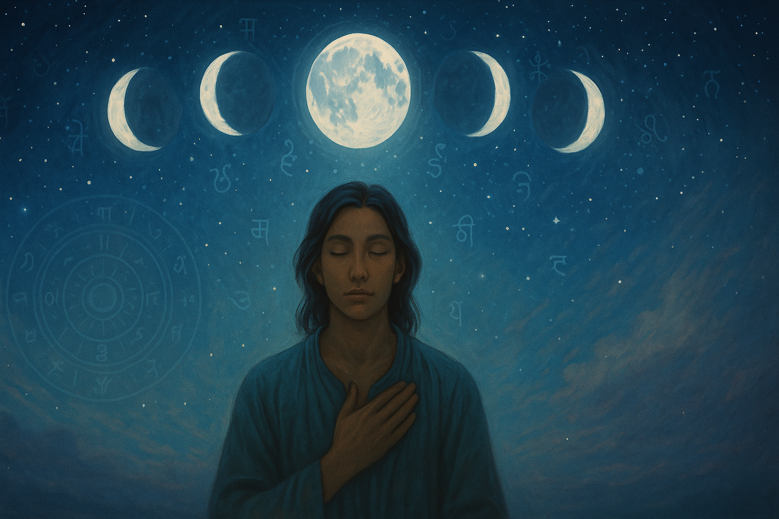 A serene digital painting showing the moon’s phases above a meditative figure, symbolizing emotional cycles and Tantra.