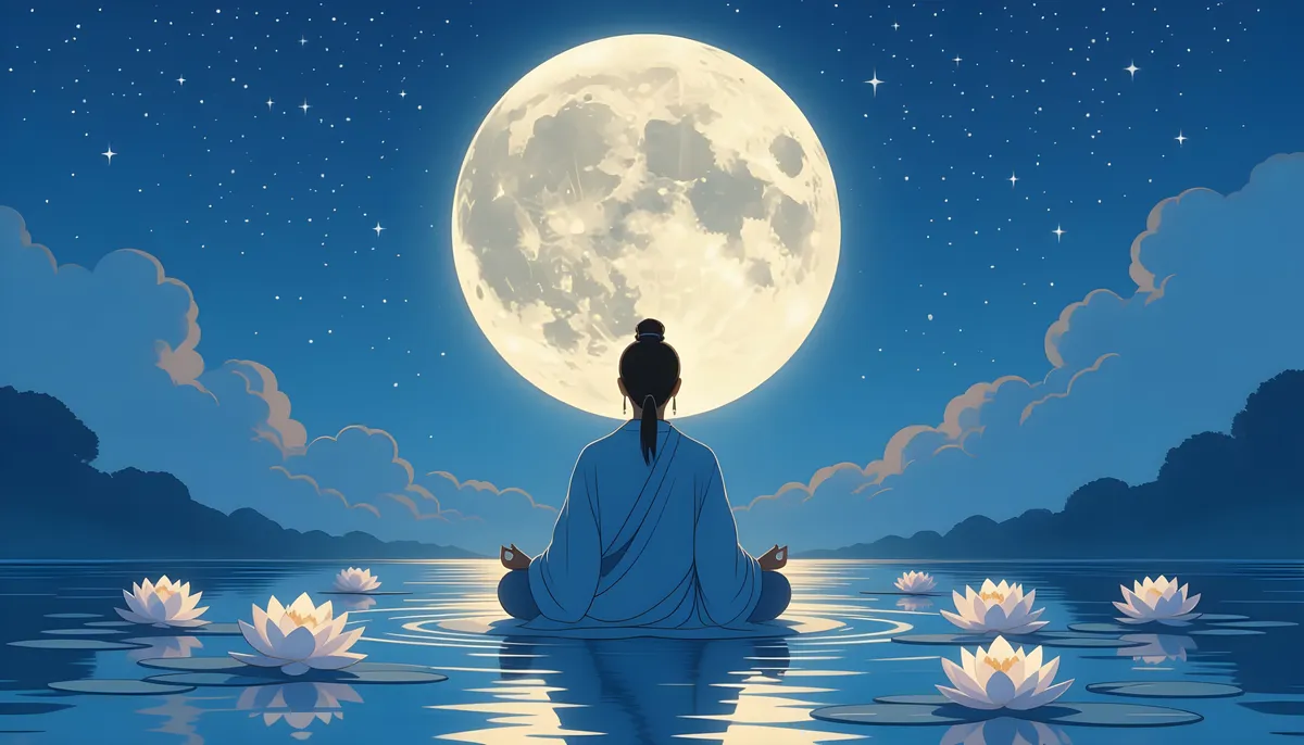Person meditating under full moon by water, symbolizing intuition and Chandra energy