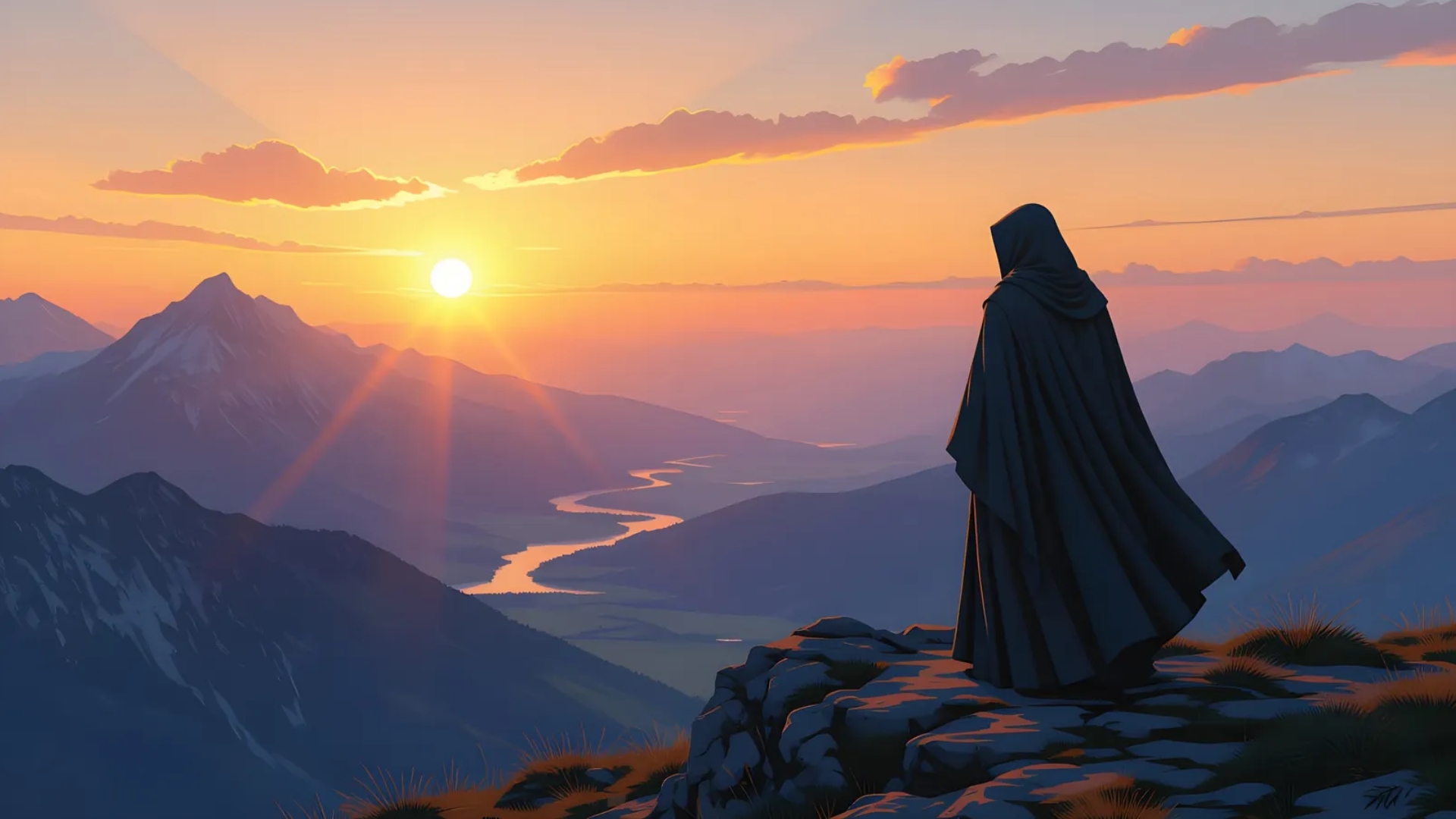 Figure on a mountain summit at dawn, symbolizing dharma.