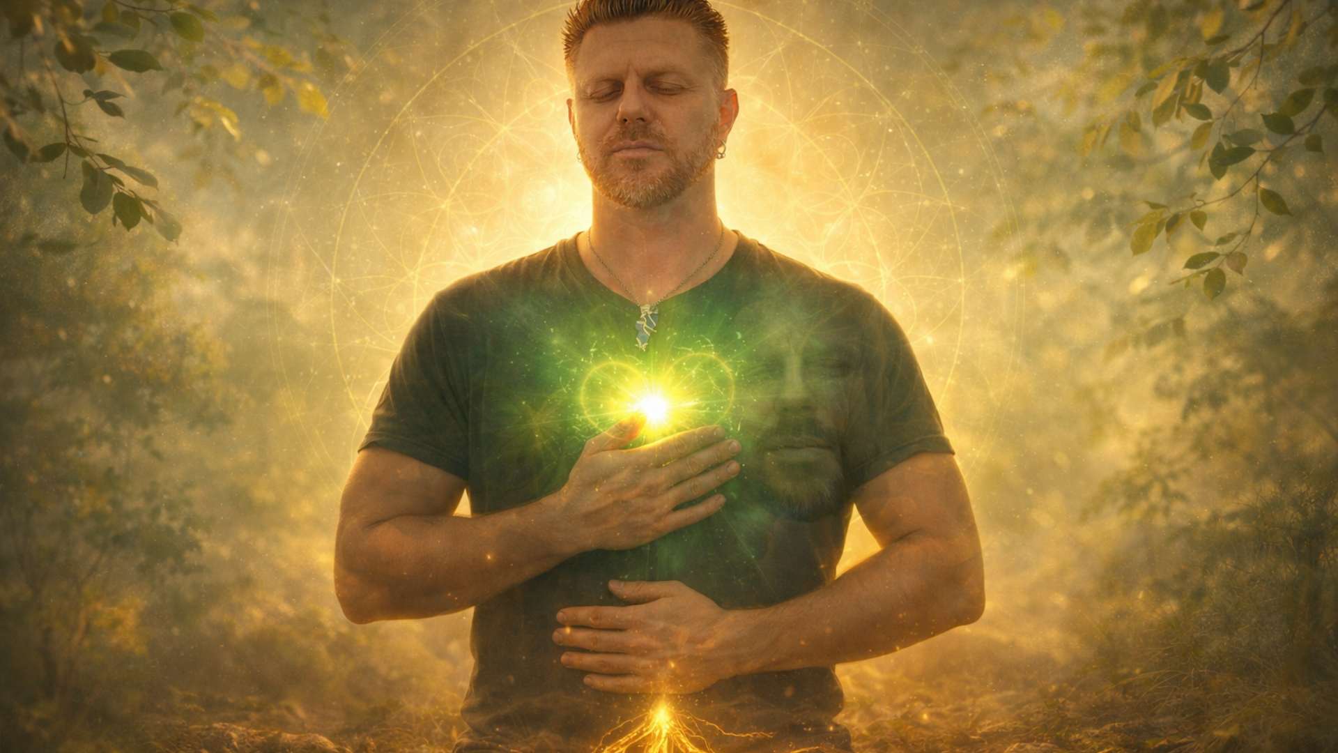 Green heart chakra symbol with a soft protective circle, calm light, and grounded energy.